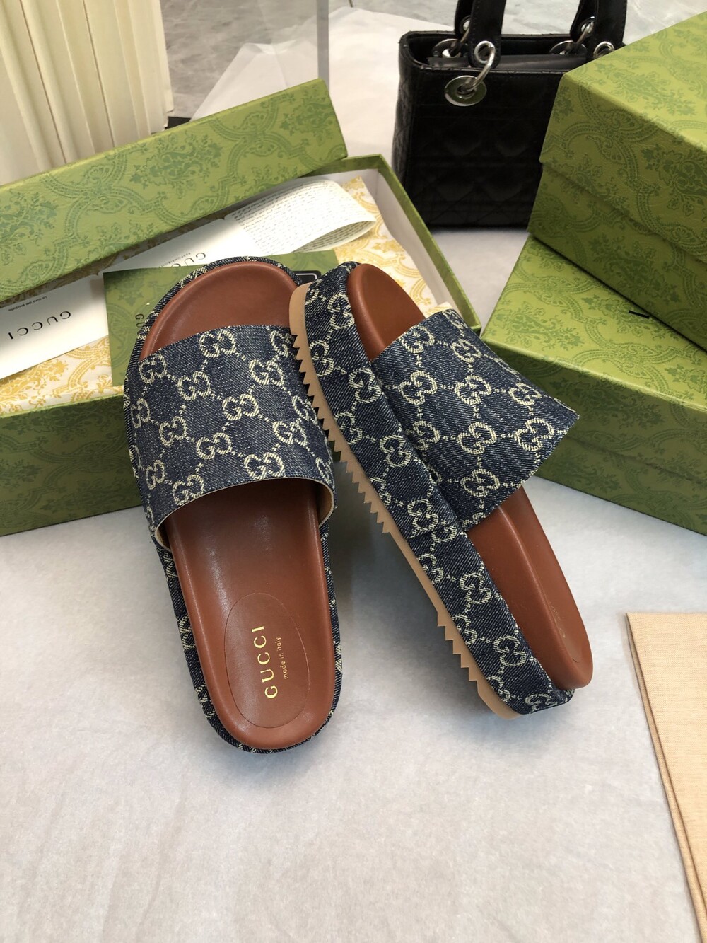 Gucci GG Denim Platform Slide Sandals Blue Monogram Slides Full Box Set